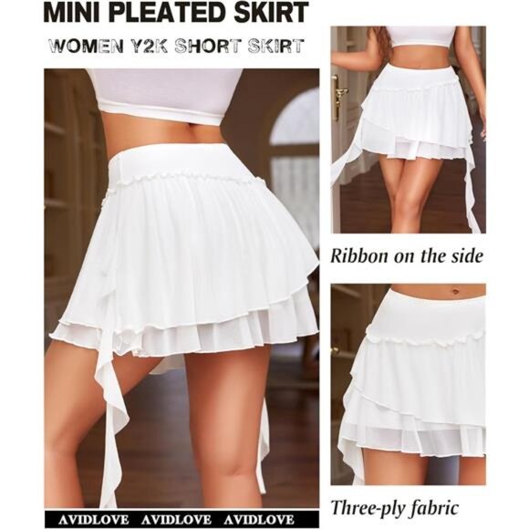 Women's Pleated Mini Skirt Mesh Layered White - Picture 2 of 5